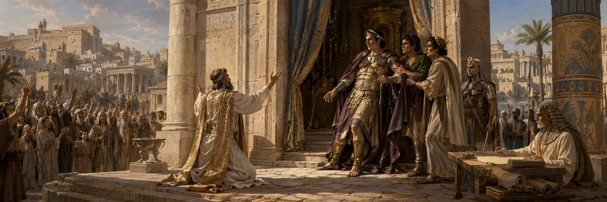 High priest Simon prays as Ptolemy falters before the sanctuary while officials prepare a registration decree